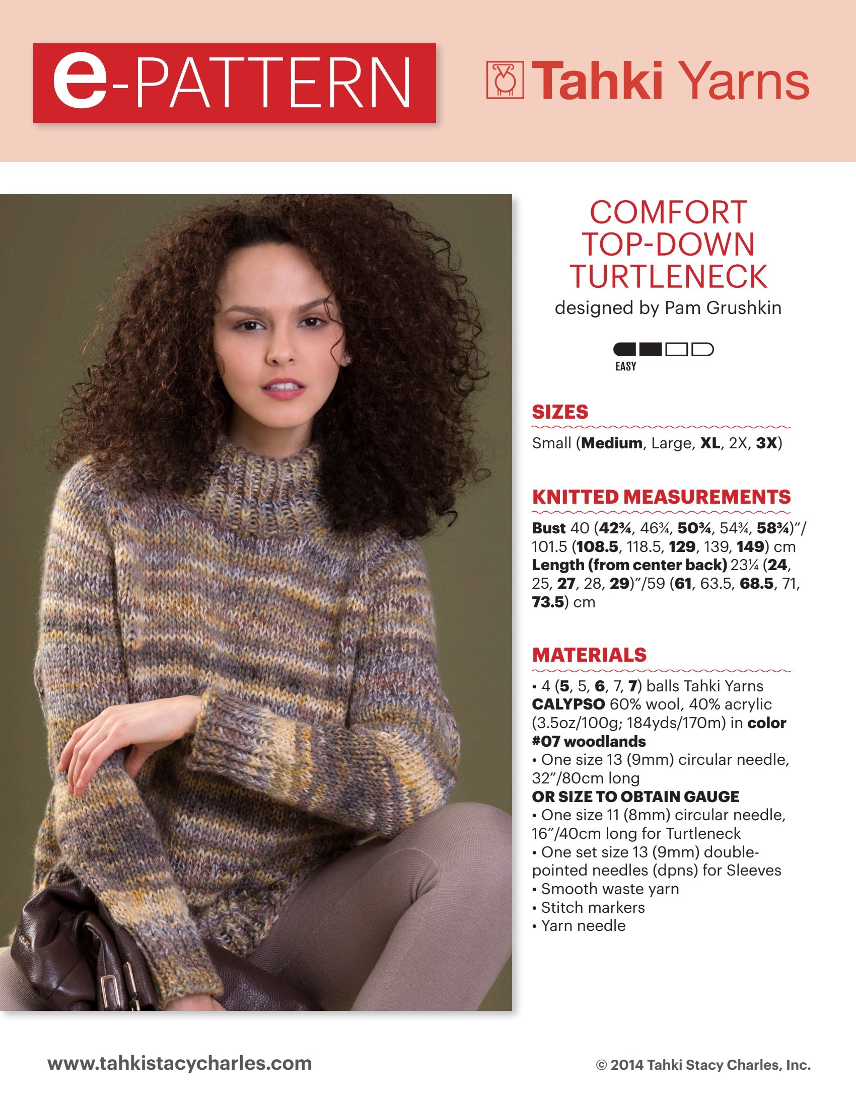 Tahki Yarns Comfort Top-Down Turtleneck Knitting Pattern