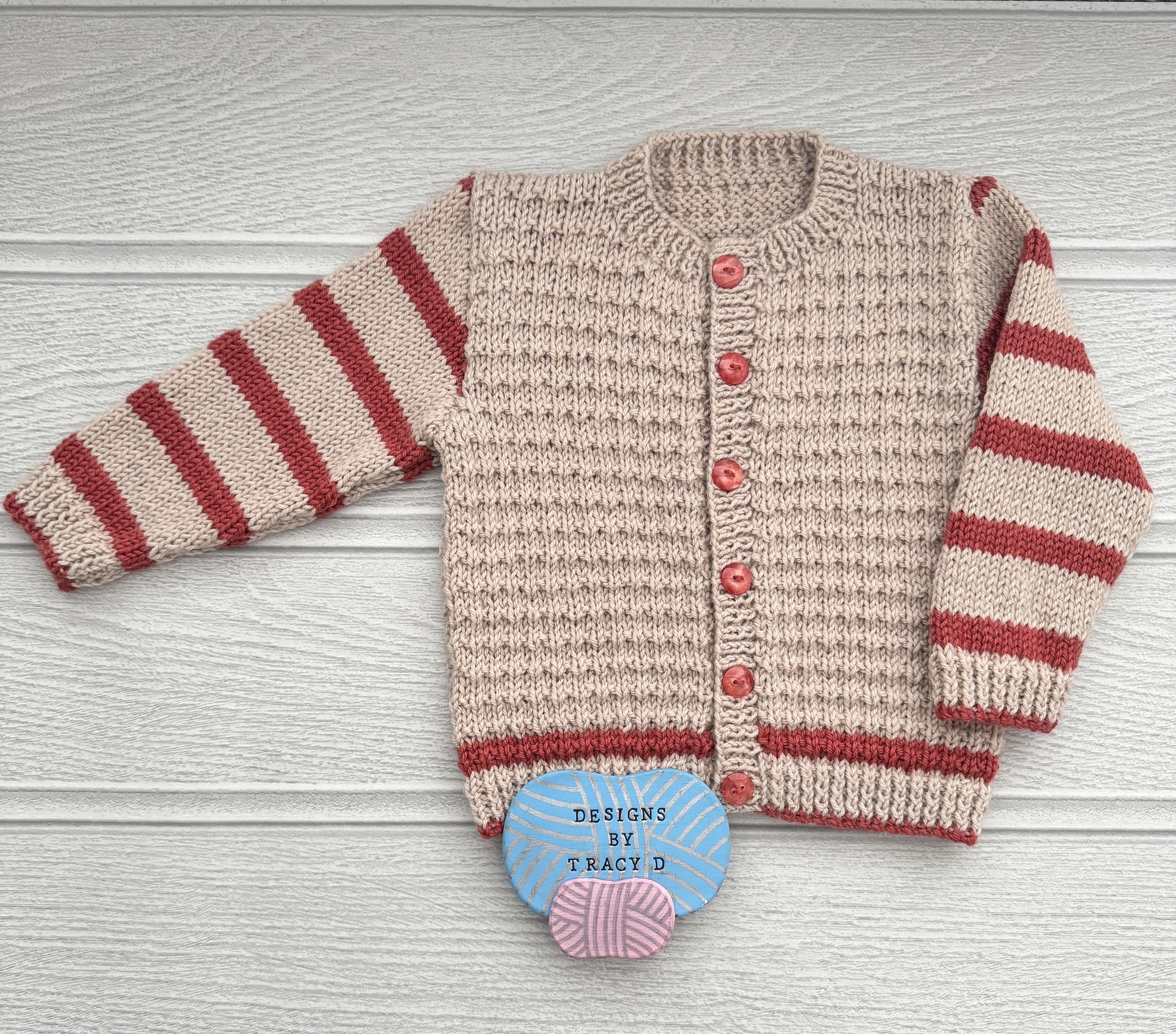 CJ & Ellie Baby cardigan knitting pattern sizes 16-22 inch chest size