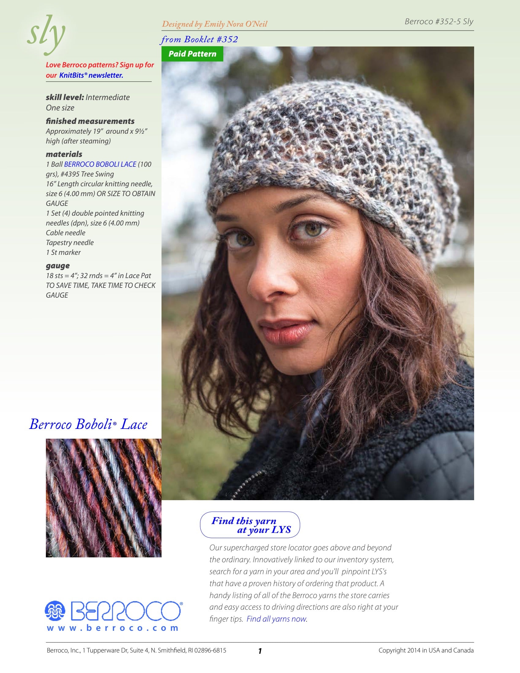 Berroco Sly Hat Knitting Pattern