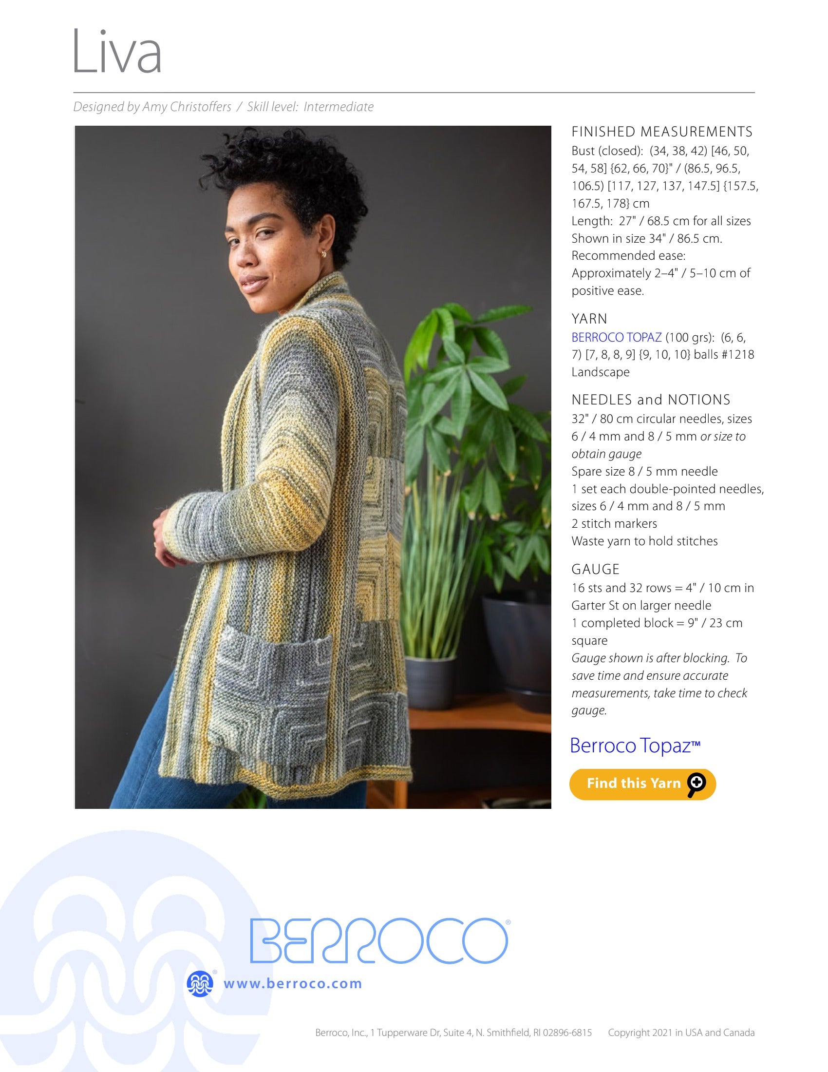 Berroco Liva Cardigan Knitting Pattern