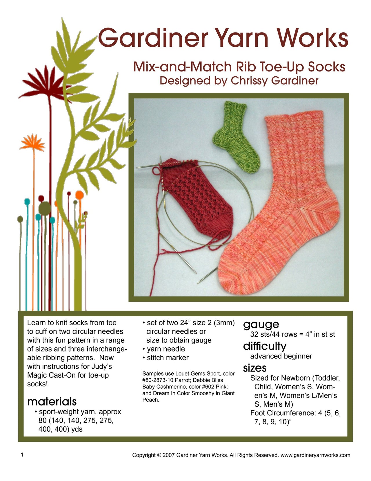 Gardiner Yarn Works Mix-and-Match Rib Toe-Up Socks PDF