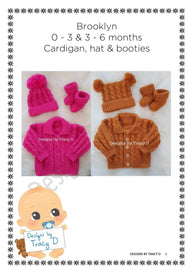 Brooklyn baby knitting pattern cardigan, hats and booties 0-3 mths & 6-12m