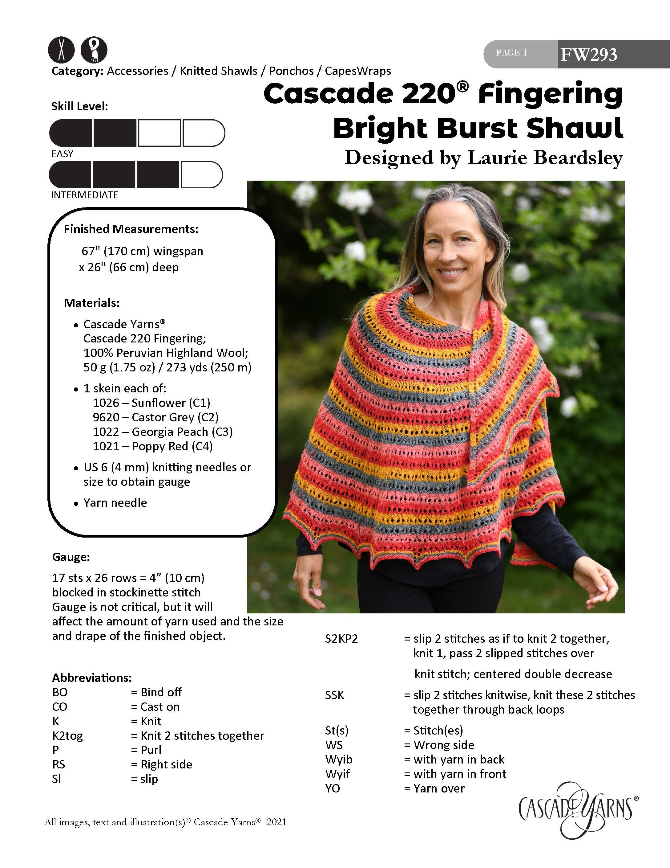 Cascade Yarns FW Bright Burst Shawl Wrap Knitting Pattern