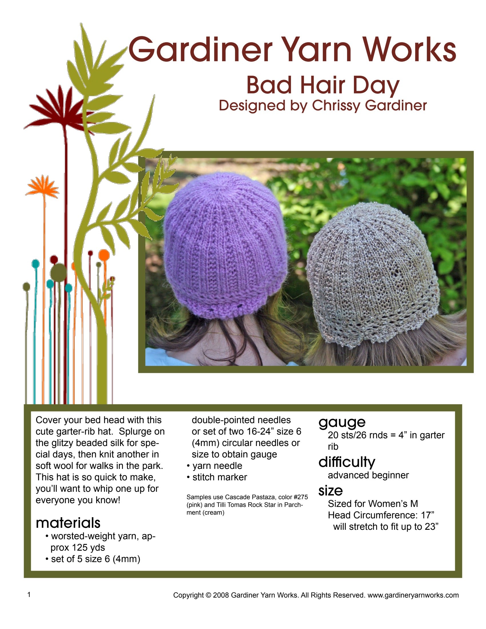 Gardiner Yarn Works Bad Hair Day Hat Knitting Pattern