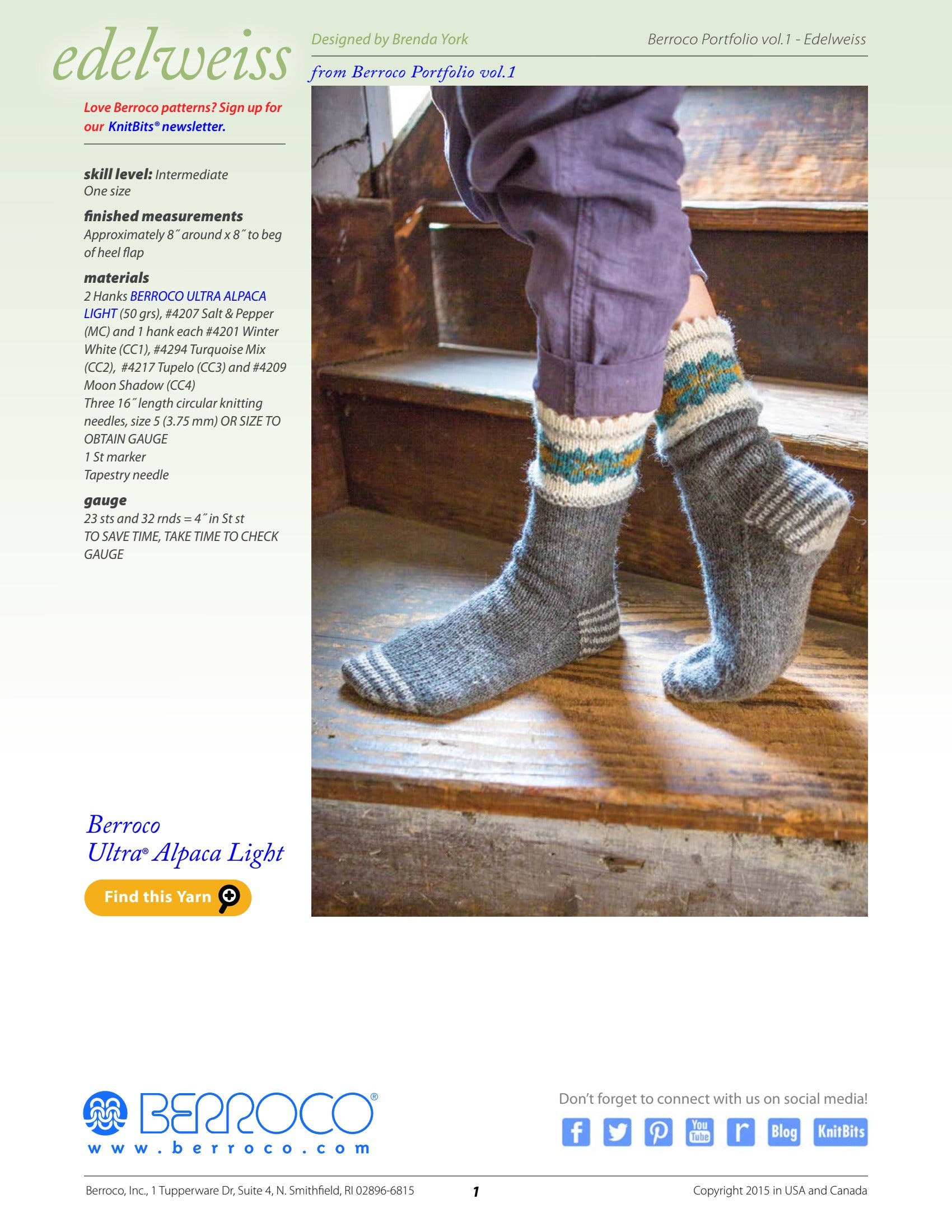 Berroco Edelweiss- Portfolio Socks Knitting Pattern