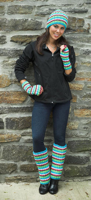 Ribbed Hat, Leggings, & Fingerless Gloves in Plymouth Encore Worsted