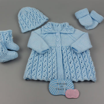 Grace matinee, bonnet or beanie, booties & mitts Baby Knitting Pattern