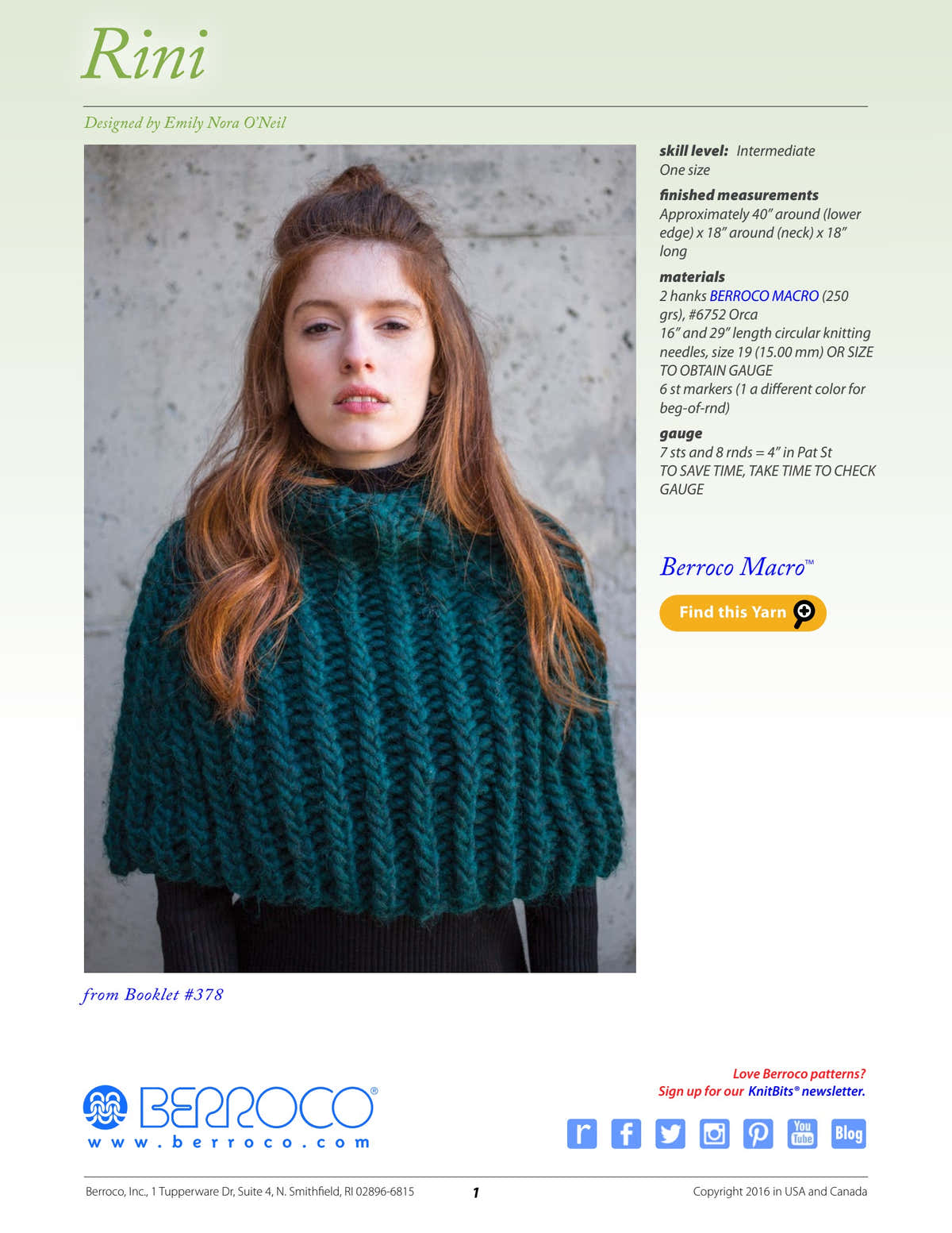 Berroco Rini Cape Knitting Pattern