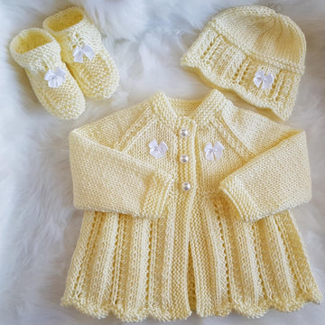 Cariad Baby Cardigan, hat & Booties knitting pattern