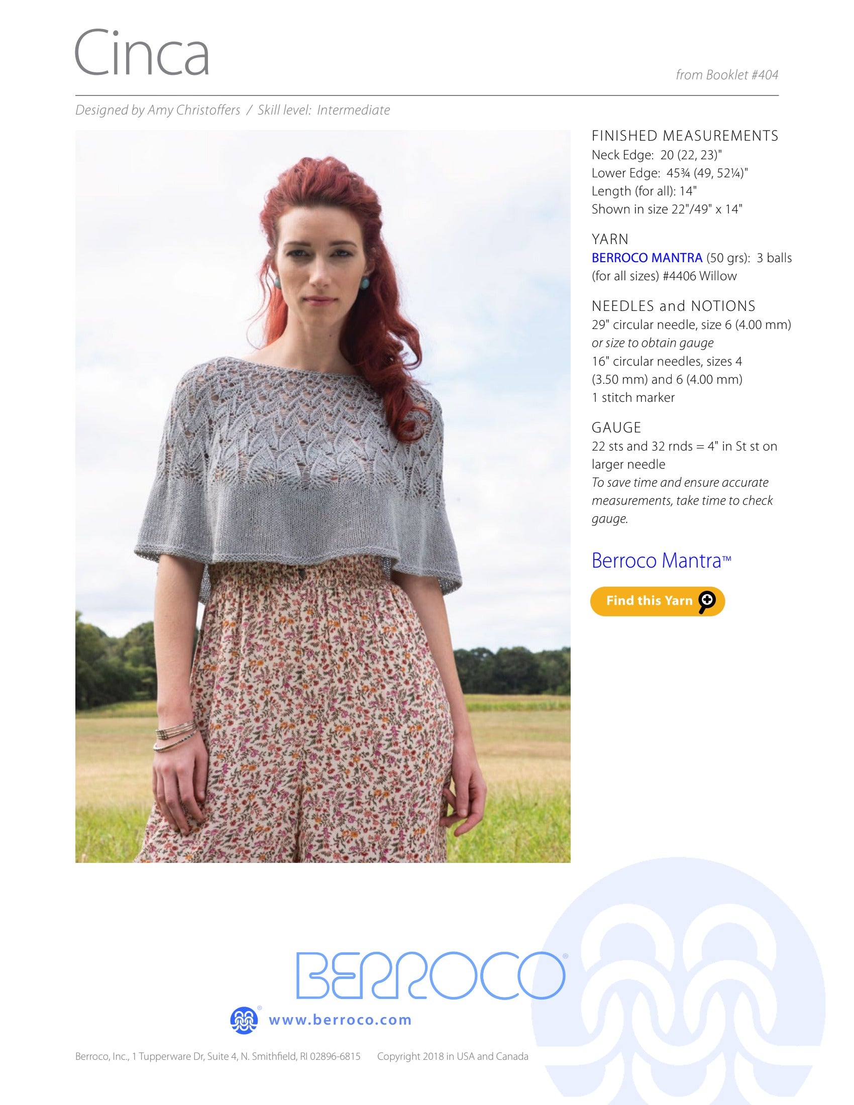 Berroco Cinca Cape Knitting Pattern