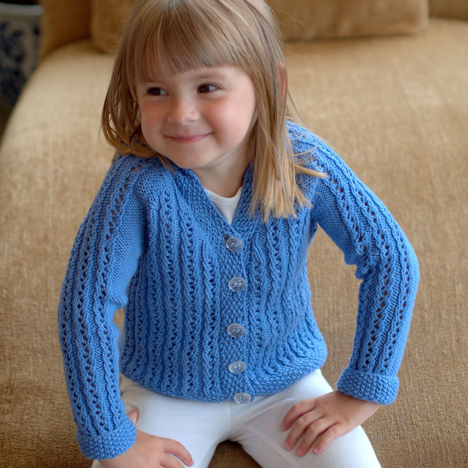 Plymouth Yarn Girl's Lace Rib Cardigan in DK Merino Superwash