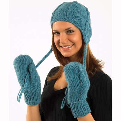 Plymouth Yarn P608 Cabled Hat and Mittens Knitting Pattern