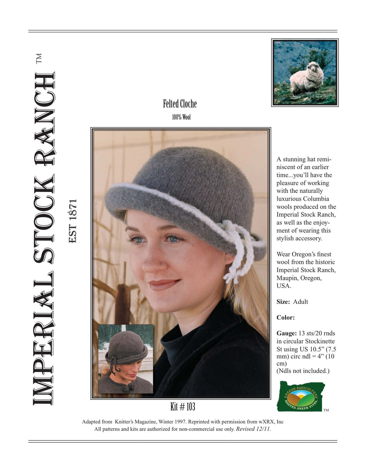 Imperial Yarn Felted Cloche Hat Knitting Pattern