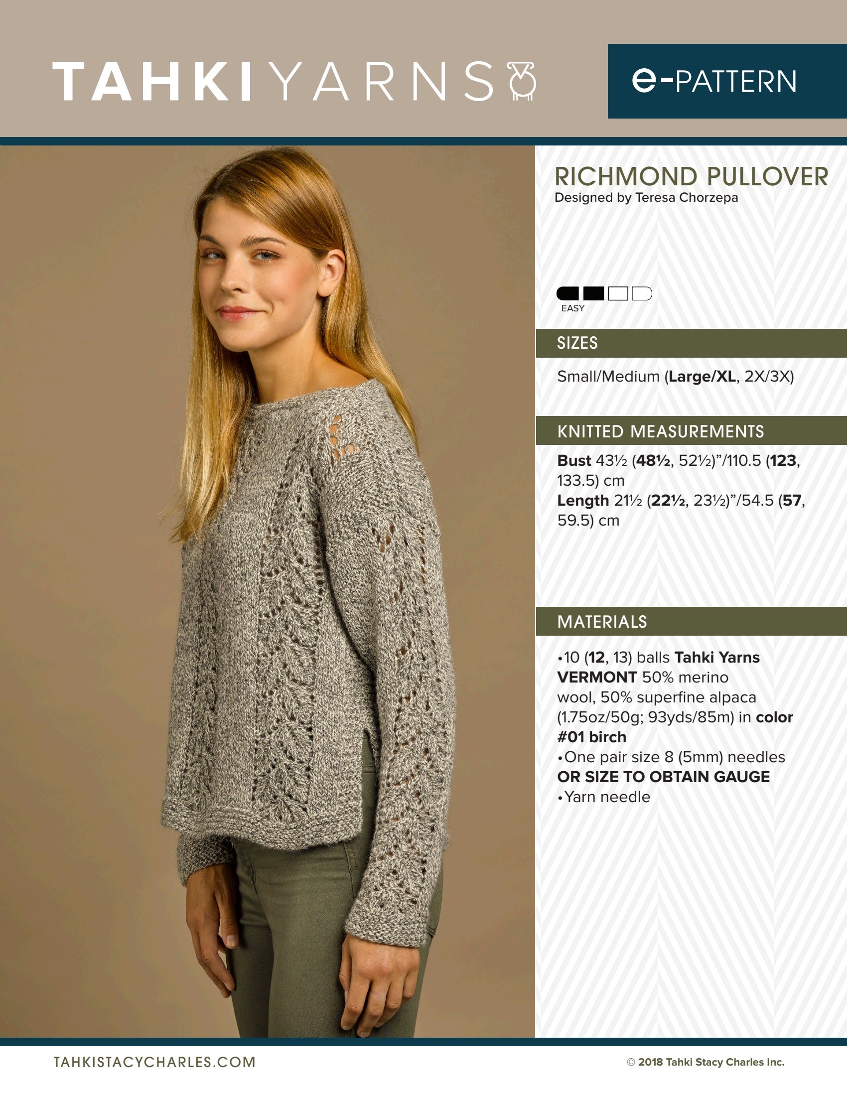 Tahki Yarns Richmond Pullover Knitting Pattern