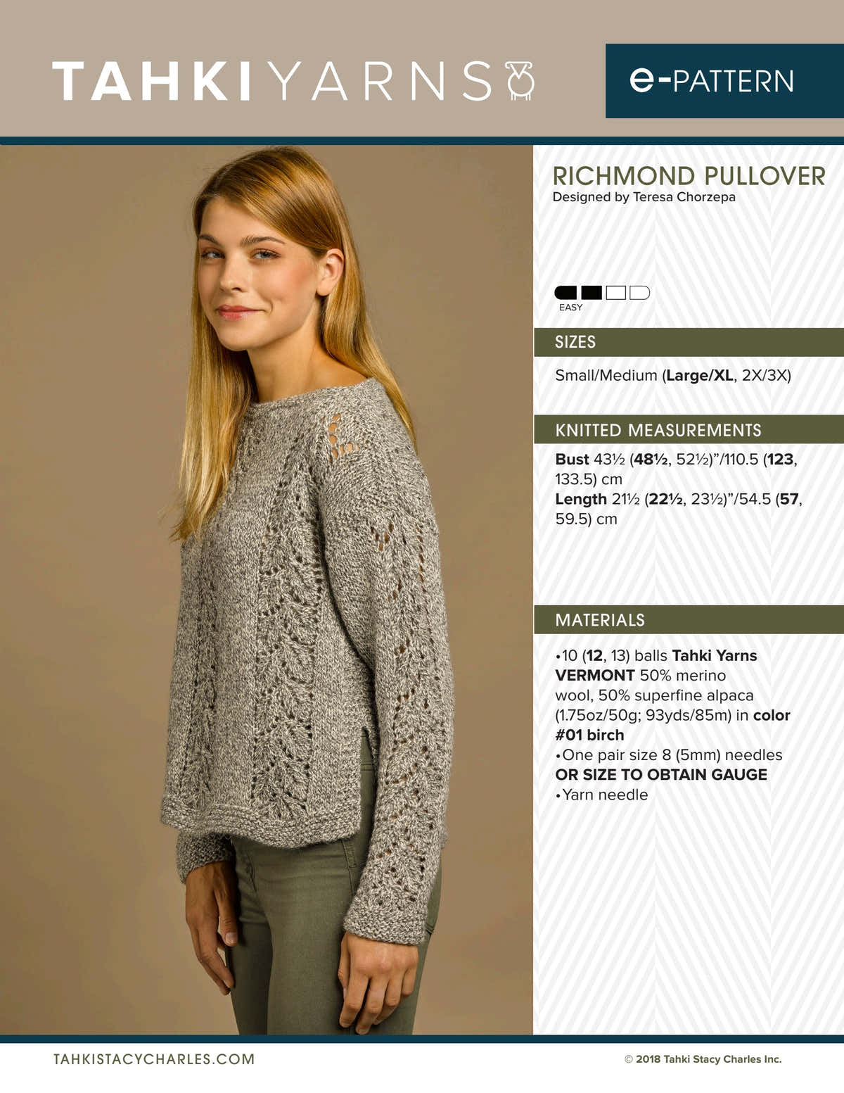 Tahki Yarns Richmond Pullover Knitting Pattern