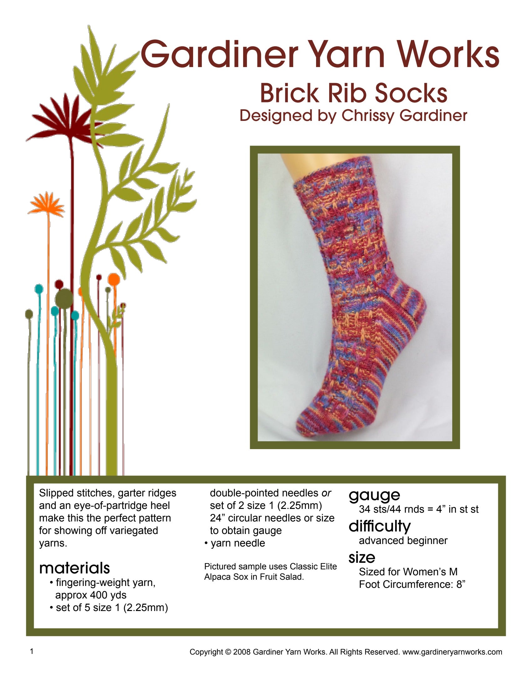 Gardiner Yarn Works Brick Rib Socks Knitting Pattern