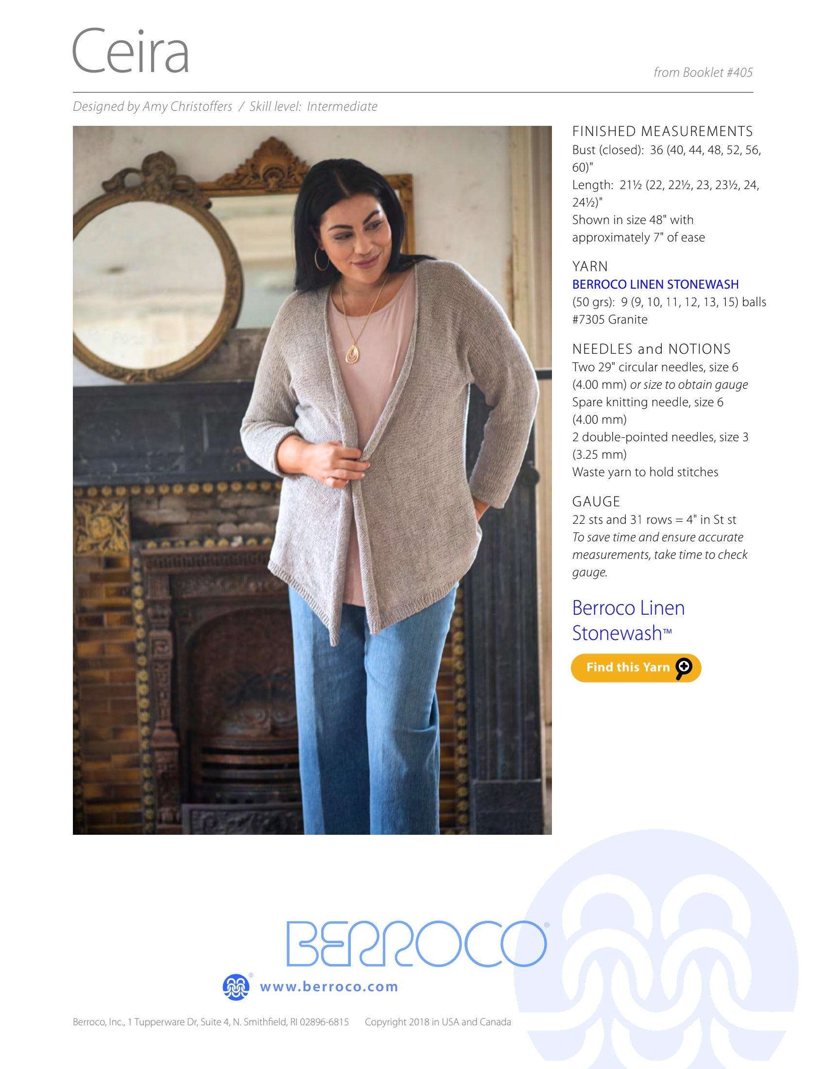 Berroco Ceira Cardigan Knitting Pattern