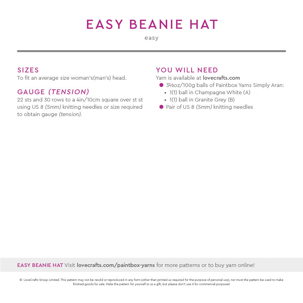 Paintbox Yarns Easy Beanie Hat Knitting Pattern