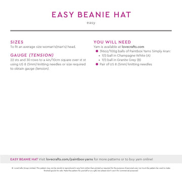 Paintbox Yarns Easy Beanie Hat Knitting Pattern