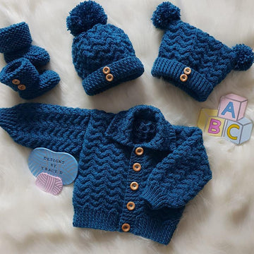 Isaac baby knitting pattern cardigan, hats and booties 0-3 mths & 6-12m