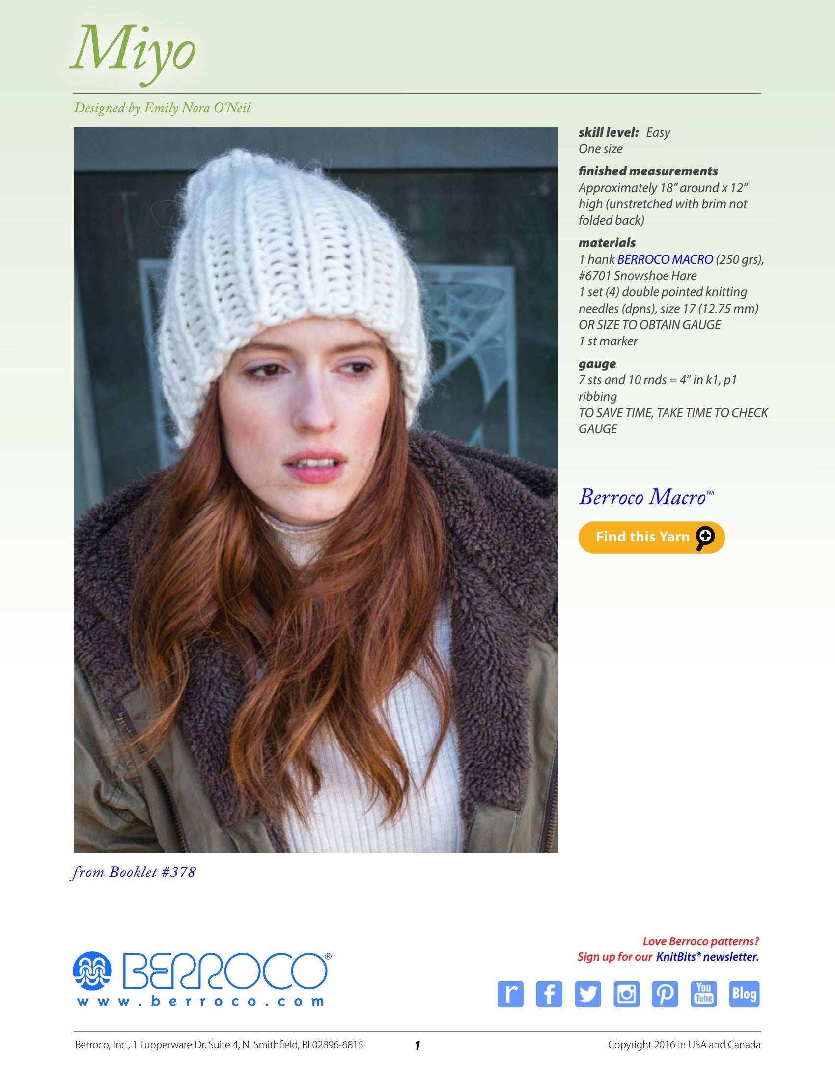 Berroco Miyo Hat Knitting Pattern