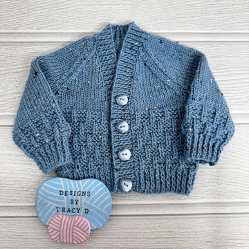 Elijah V-neck Baby cardigan knitting pattern 0-9/12mths approx