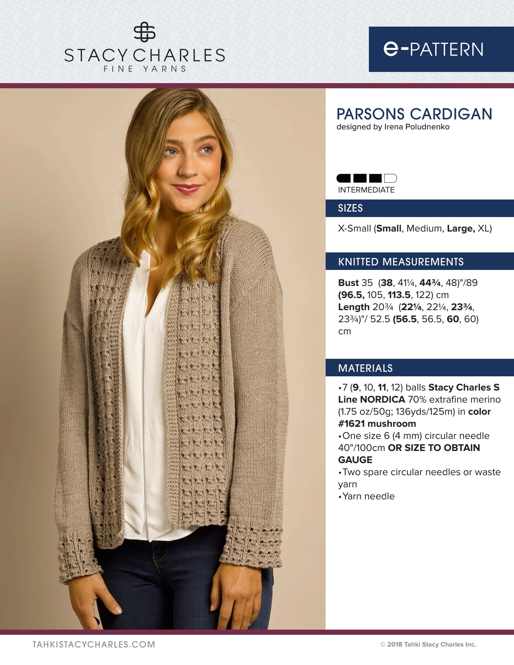 Stacy Charles Fine Yarns Parsons Cardigan Knitting Pattern