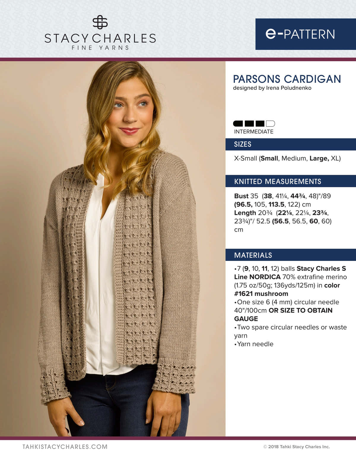 Stacy Charles Fine Yarns Parsons Cardigan Knitting Pattern