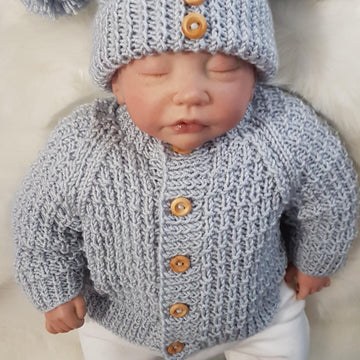 Rhys Baby Cardigan, Hat & Booties knitting pattern Unisex 0-12mths