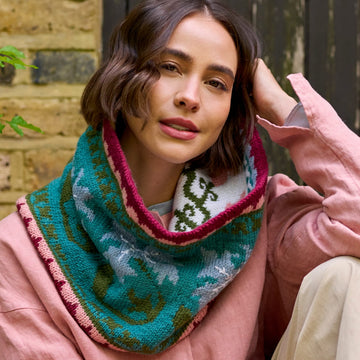 Golden Lily Reversible Cowl Designed by Debbie Bliss & Chloe Elizabeth Birch in Morris DK