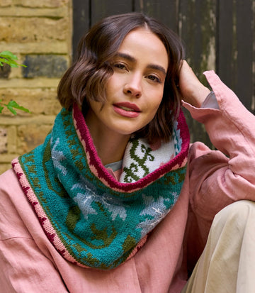 Golden Lily Reversible Cowl Designed by Debbie Bliss & Chloe Elizabeth Birch in Morris DK
