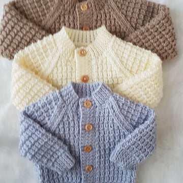 Rhys Baby Cardigan, Hat & Booties knitting pattern Unisex 0-12mths