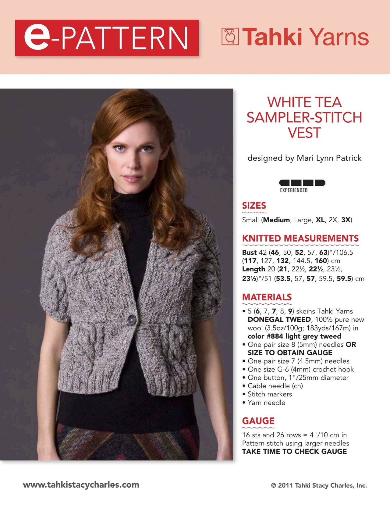 Tahki Yarns White Tea Sampler-Stitch Vest Knitting Pattern