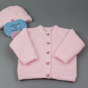 Elis baby unisex cardigan and beanie hat knitting pattern 0-3mths & 3-6Mmhs