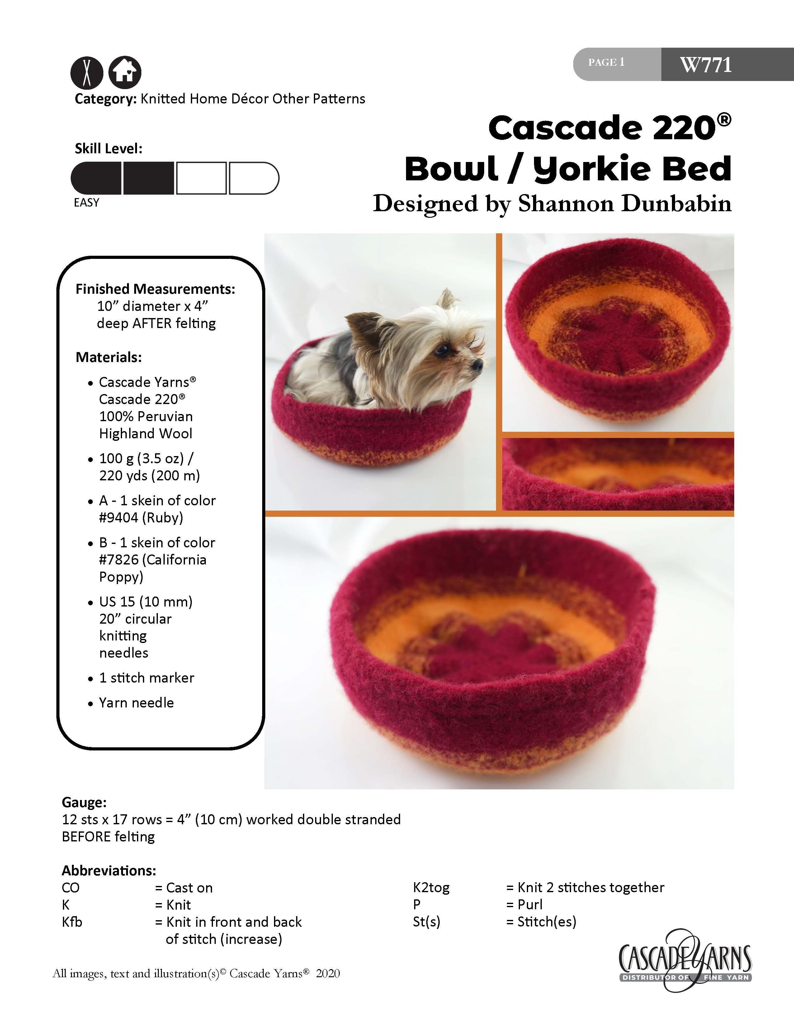Bowl/Yorkie Bed Pet Bed Knitting Pattern