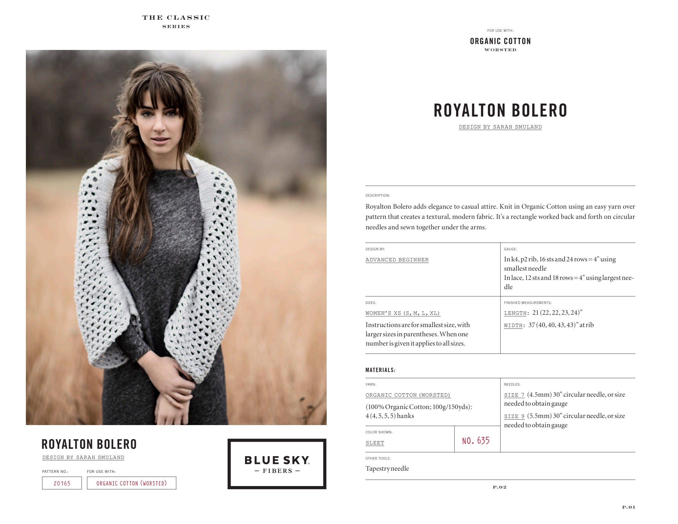 Blue Sky Fibers Royalton Bolero Cardigan Knitting Pattern