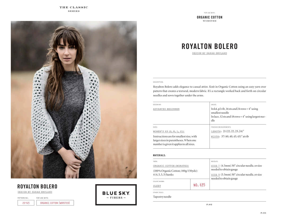 Blue Sky Fibers Royalton Bolero Cardigan Knitting Pattern