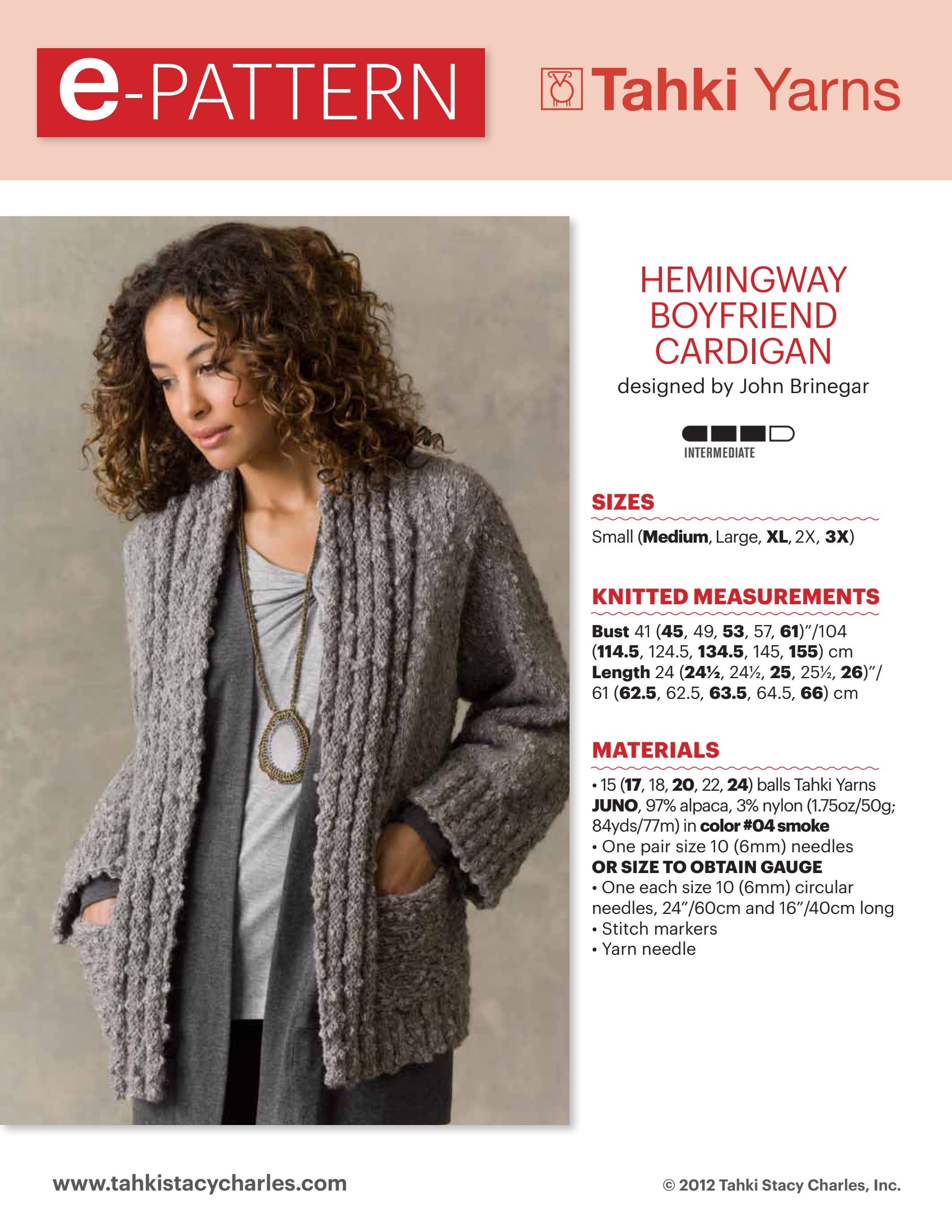 Tahki Yarns Hemingway Boyfriend Cardigan Knitting Pattern