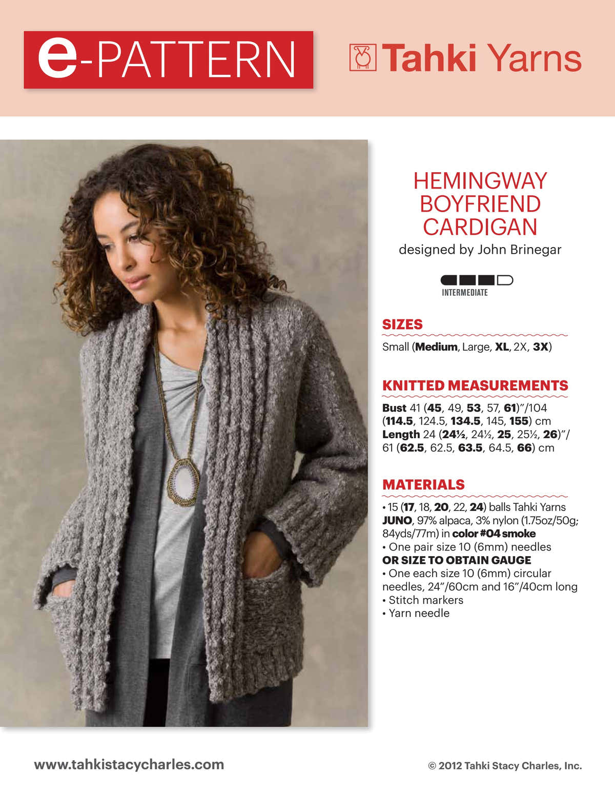 Tahki Yarns Hemingway Boyfriend Cardigan Knitting Pattern