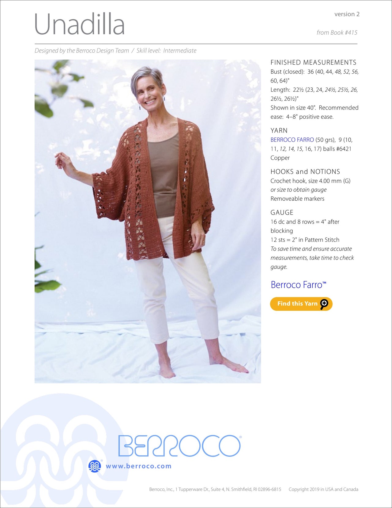 Berroco Unadilla Cardigan Crochet Pattern