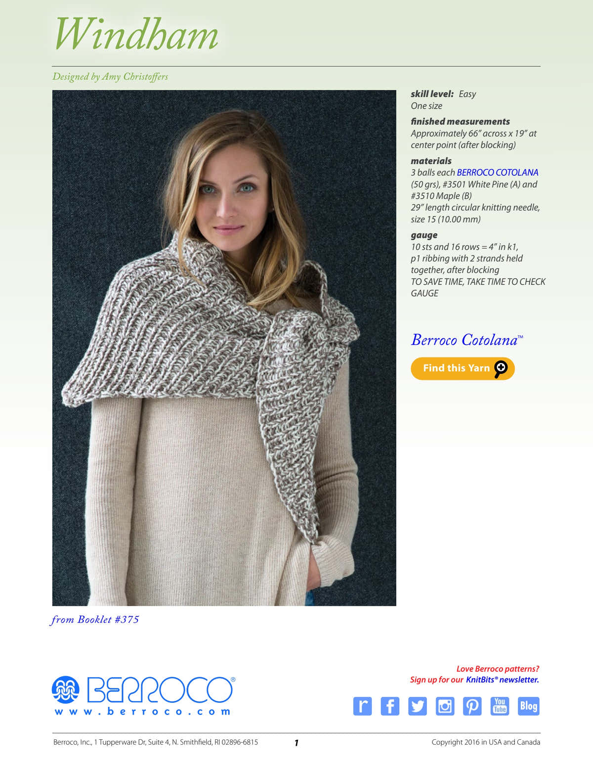 Berroco Windham Wrap Knitting Pattern