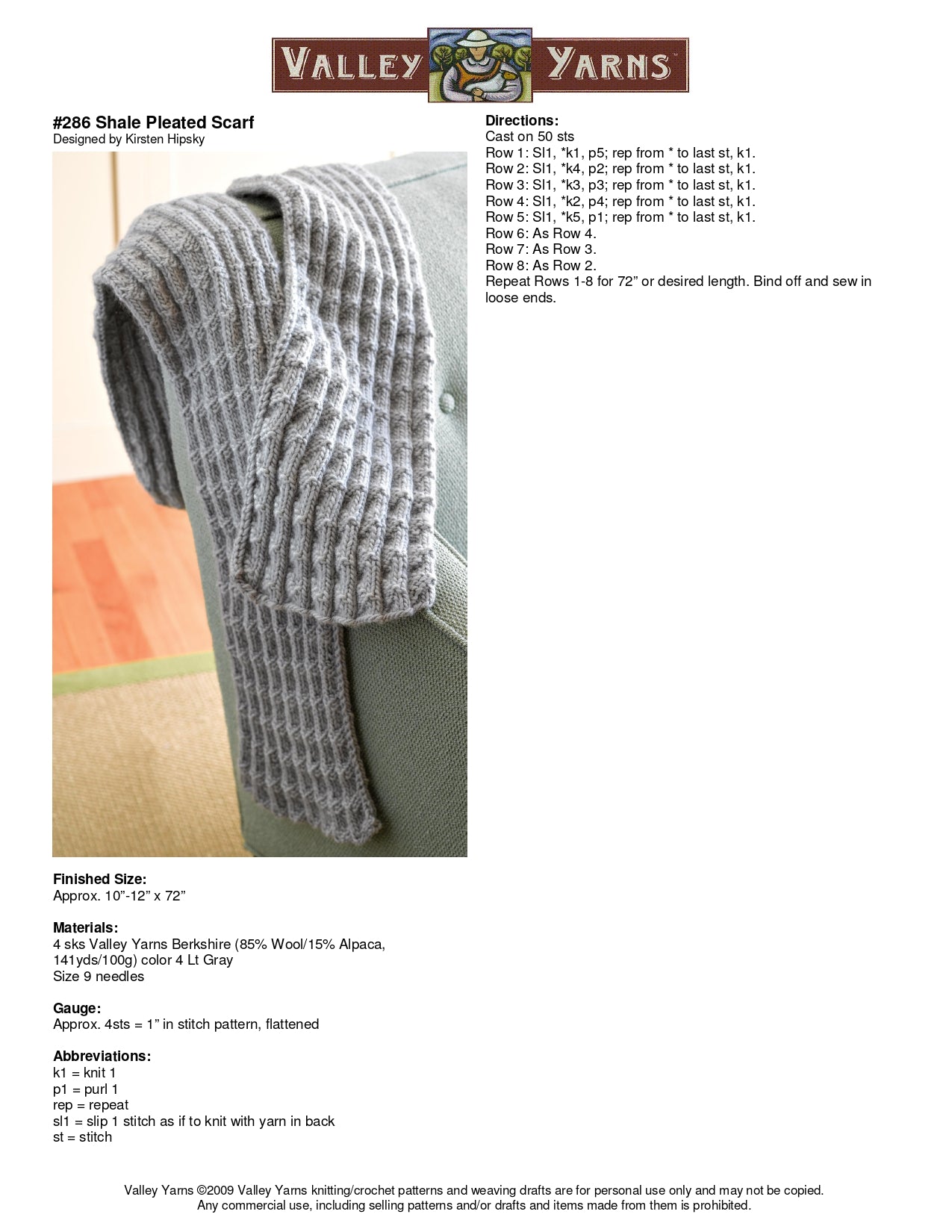 Valley Yarns Shale Pleated Scarf Knitting Pattern