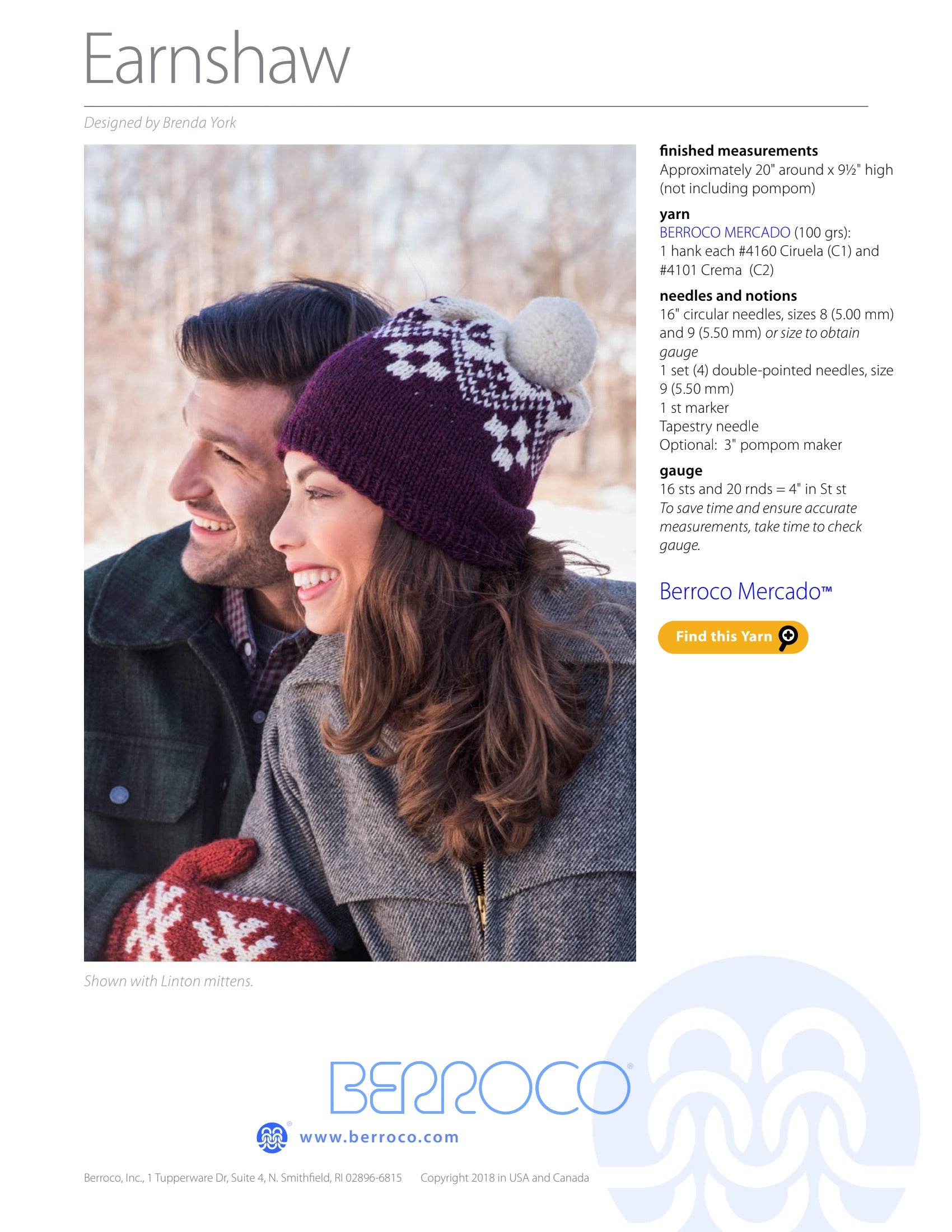 Berroco Earnshaw Hat Knitting Pattern