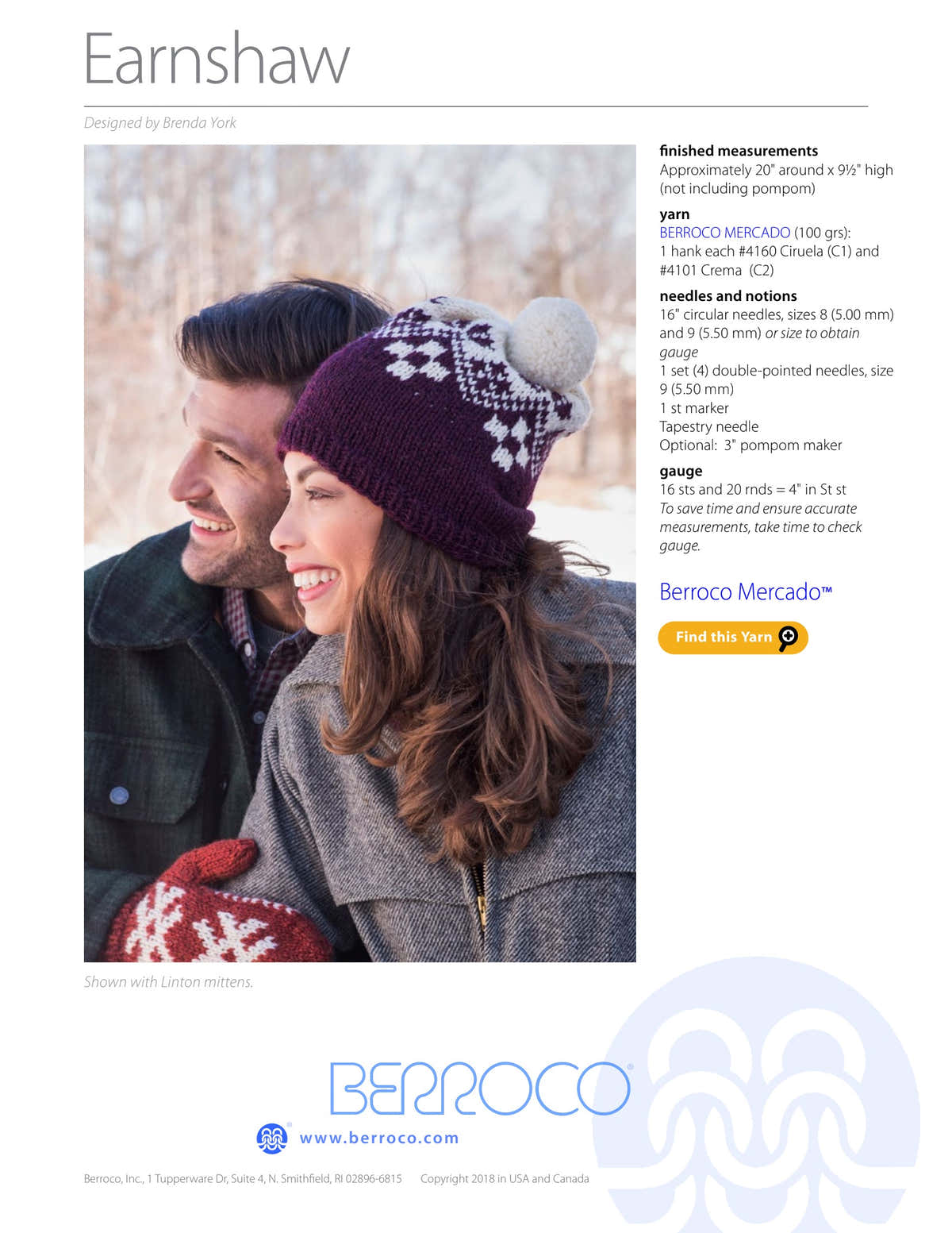 Berroco Earnshaw Hat Knitting Pattern