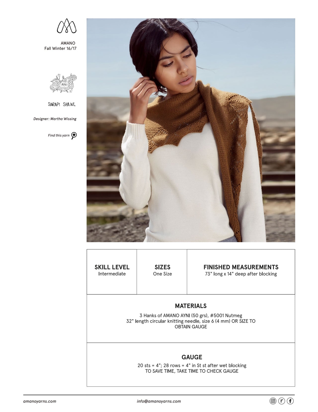 AMANO Sarapi Shawl Wrap Knitting Pattern