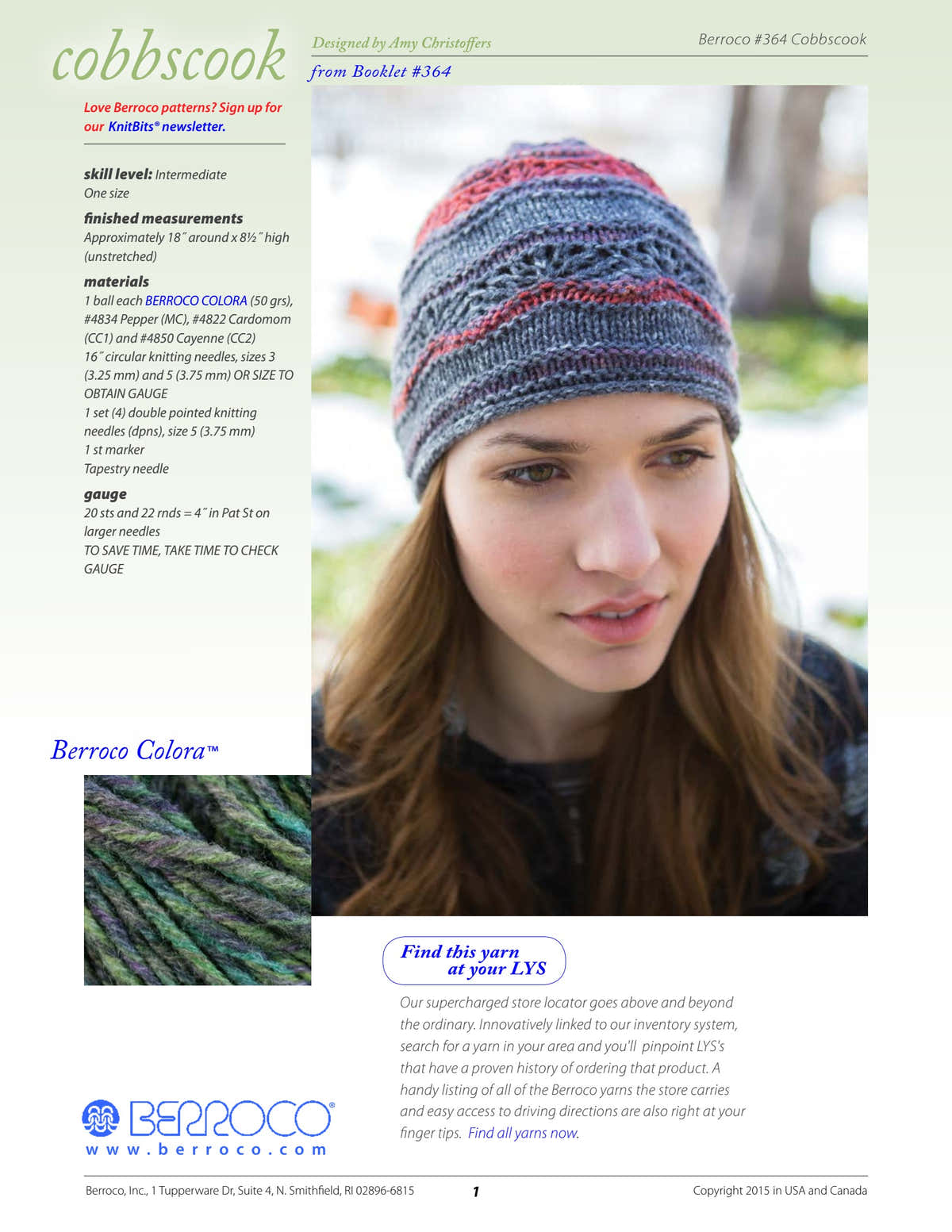 Berroco Cobbscook Hat Knitting Pattern