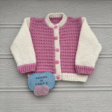CJ & Ellie Baby cardigan knitting pattern sizes 16-22 inch chest size