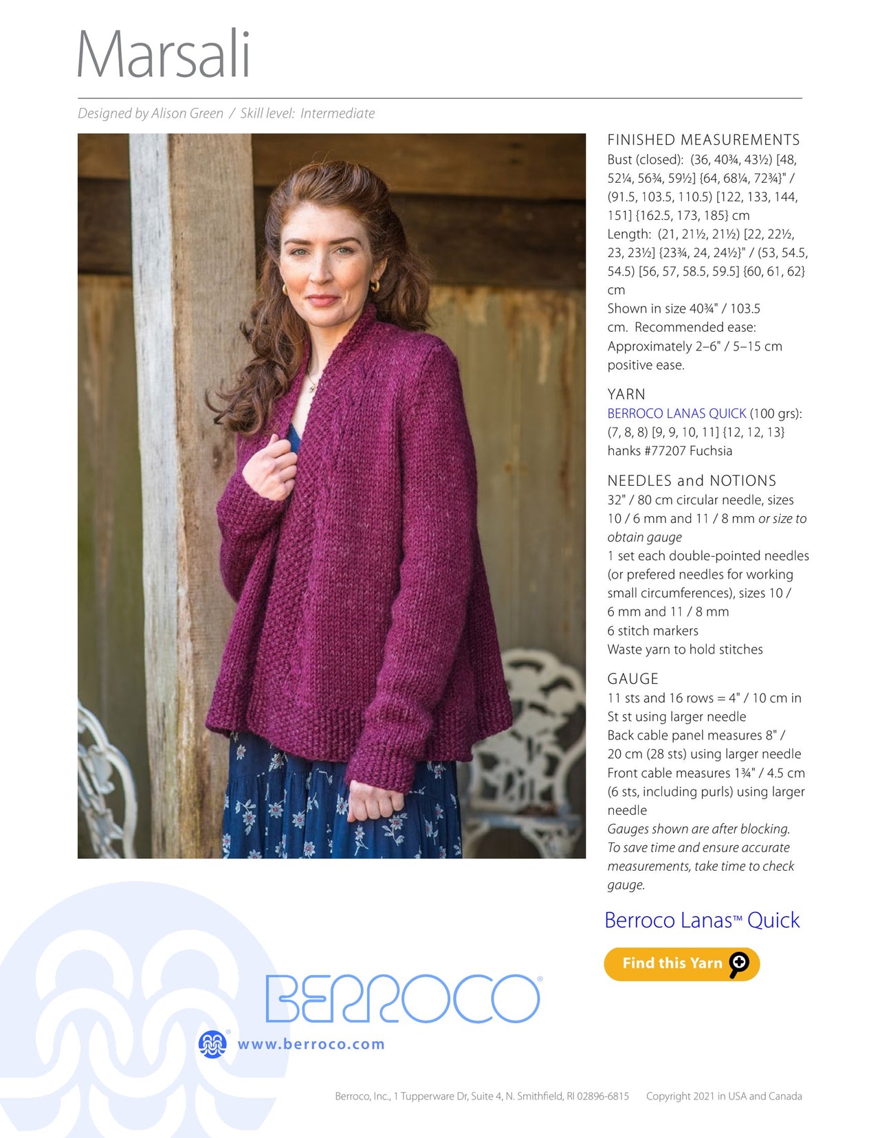 Berroco Marsali Cardigan Knitting Pattern