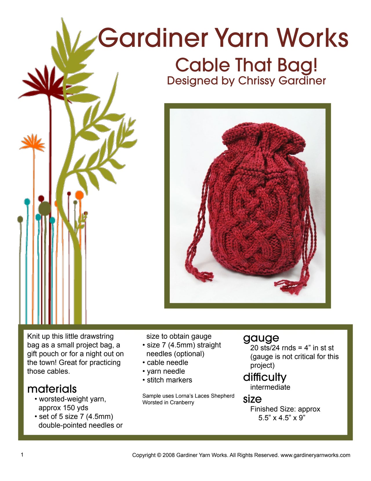 Gardiner Yarn Works Cable That Bag! Knitting Pattern