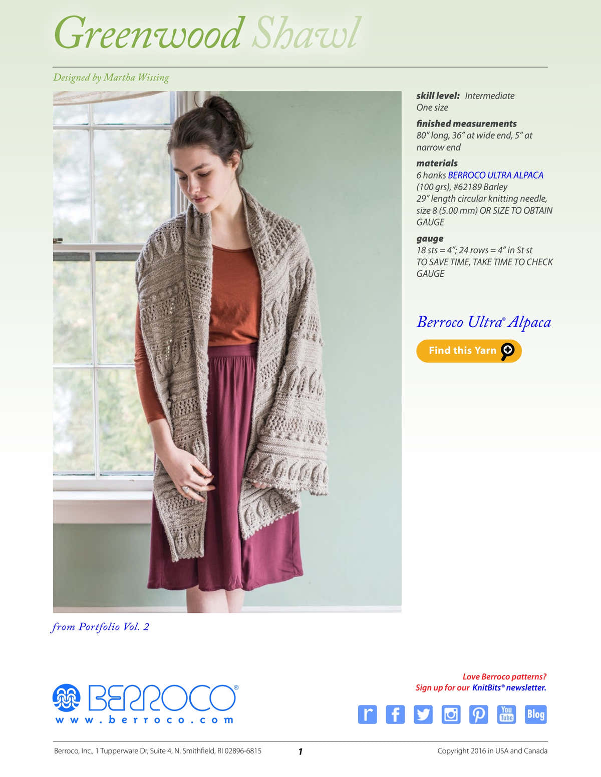 Berroco Greenwood Shawl- Portfolio Wrap Knitting Pattern